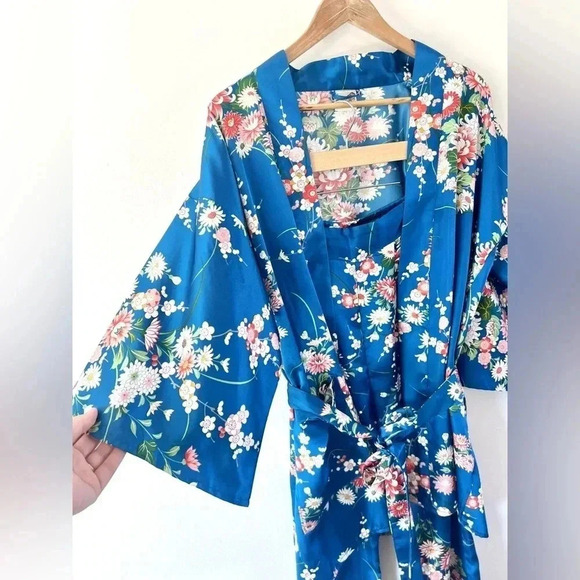 Vintage Blue Floral Satin Kimono Top & Wide Leg Pants Asian Boho 2 Piece Set - Picture 2 of 15